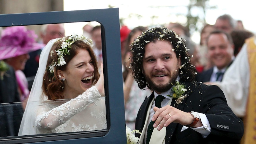Actors Kit Harington and Rose Leslie leave after their wedding ceremony