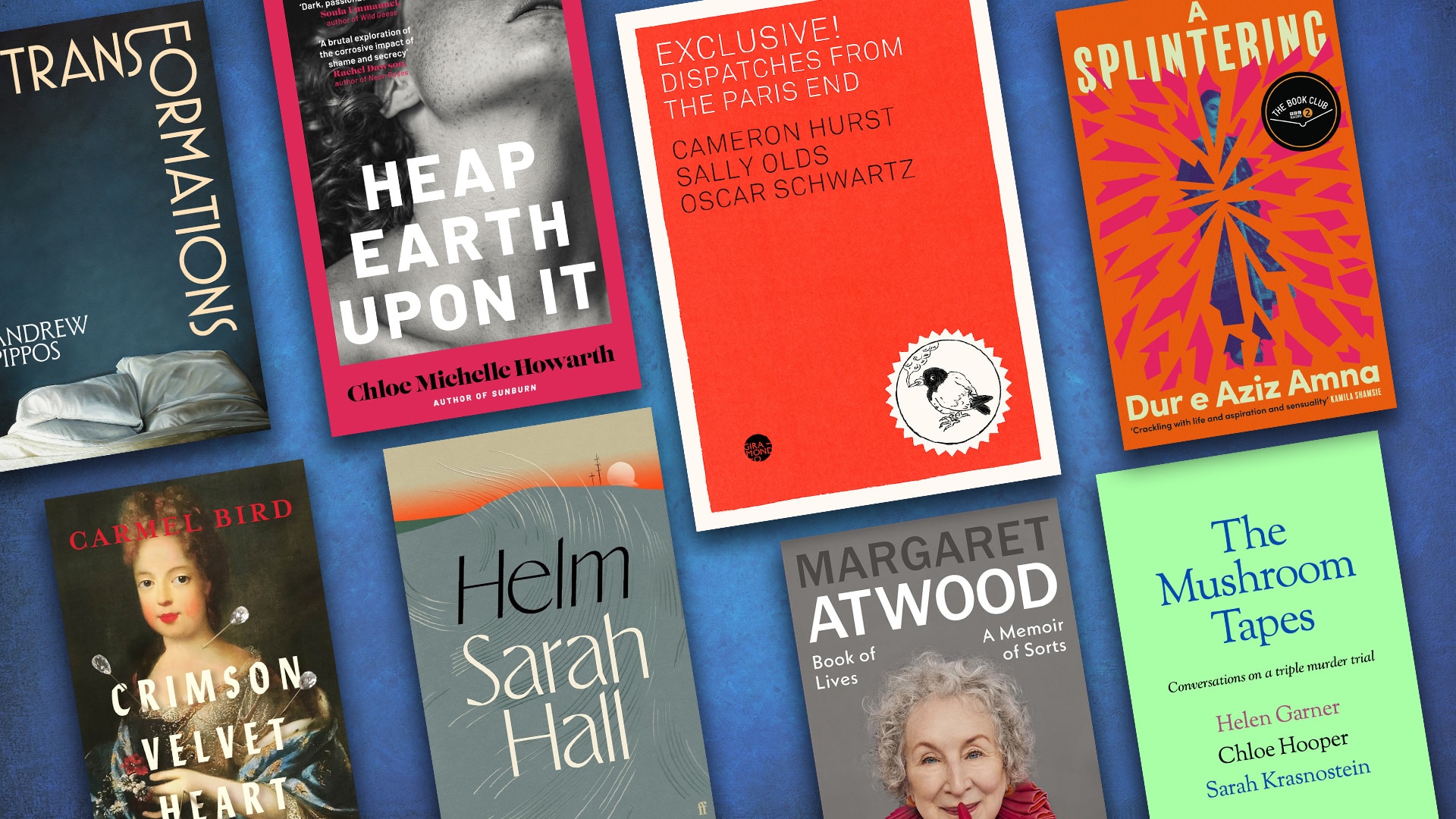 A composite image of eight books on a blue background, including a book featuring a portrait of Margaret Atwood.