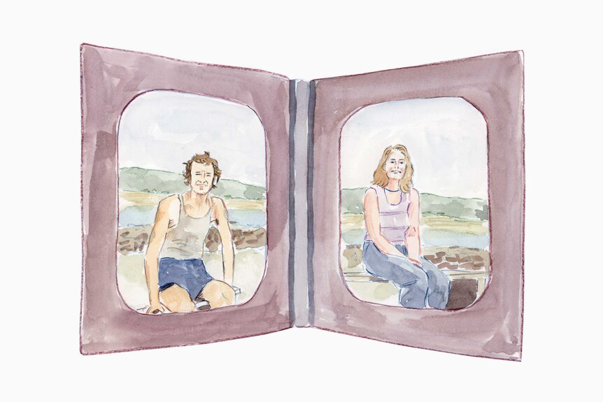 Framed photographs of Britta's parents at the beach when they were younger.