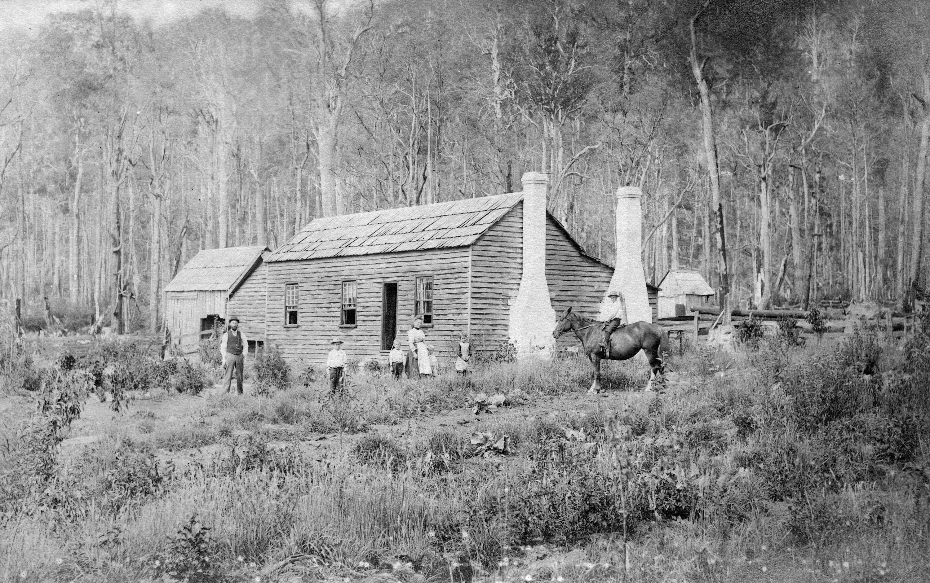 a black and white photo of an old timber house in the bush, the family are all outside including someone on horseback