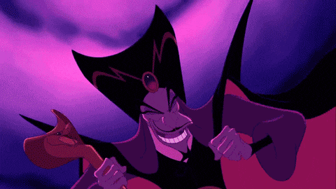 Cartoon villain Jafar from the 1992 film Aladdin laughing wickedly.