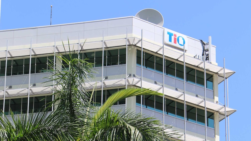 The TIO building on Darwin's Mitchell Street, behind a palm tree.