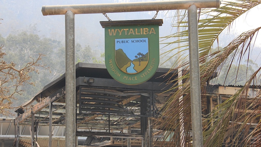 The burnt remains of a school after a bushfire