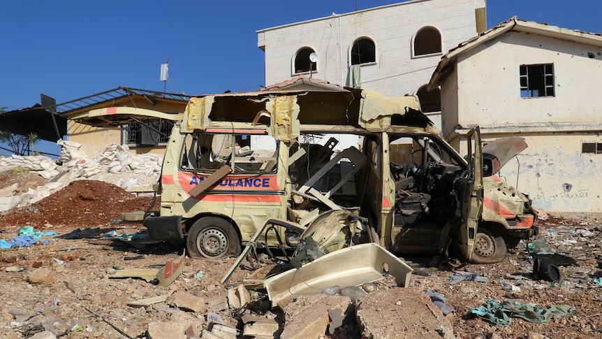 A damaged ambulance is pictured after an airstrike on the rebel-held town of Atareb, in the countryside west of Aleppo.