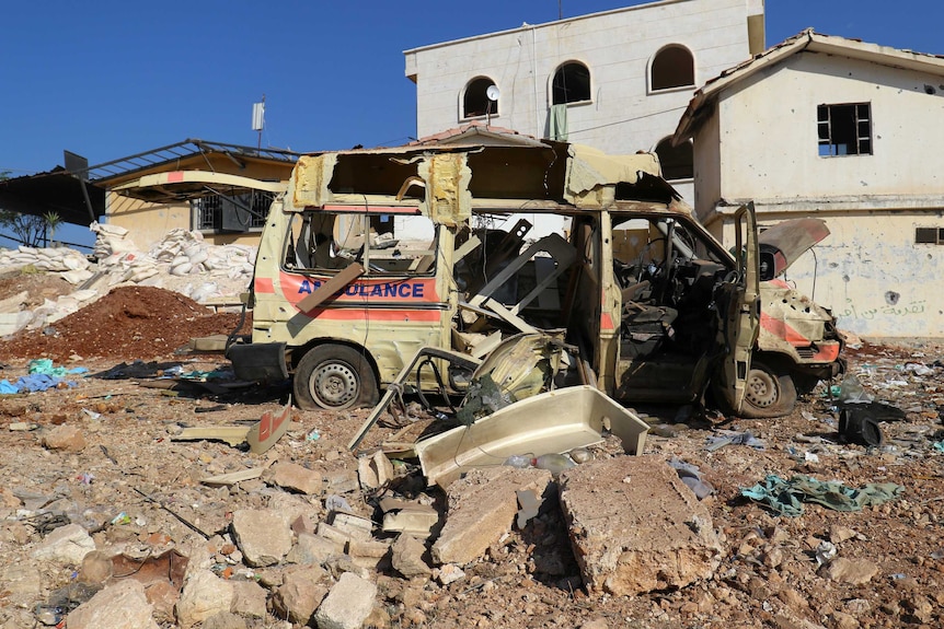 A damaged ambulance is pictured after an airstrike on the rebel-held town of Atareb, in the countryside west of Aleppo.