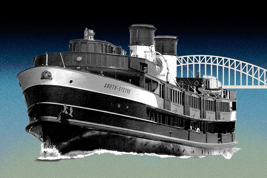 A graphic of a large black-and-white steam ferry with a bridge in the background.