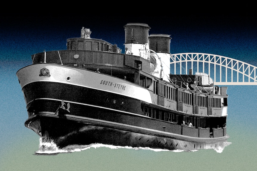 A graphic of a large black-and-white steam ferry with a bridge in the background.