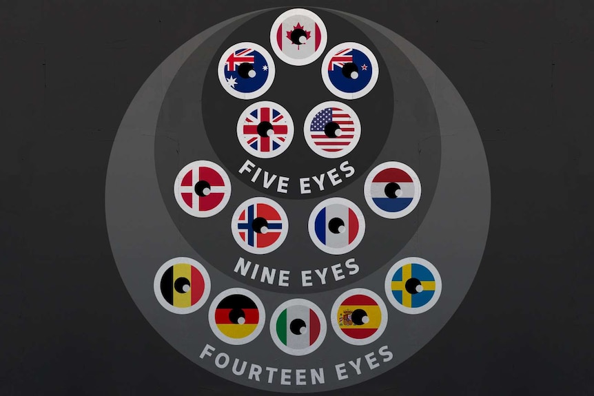 On a black background, you see overlapping circles explaining the members of Five, Nine and 14 eyes countries.