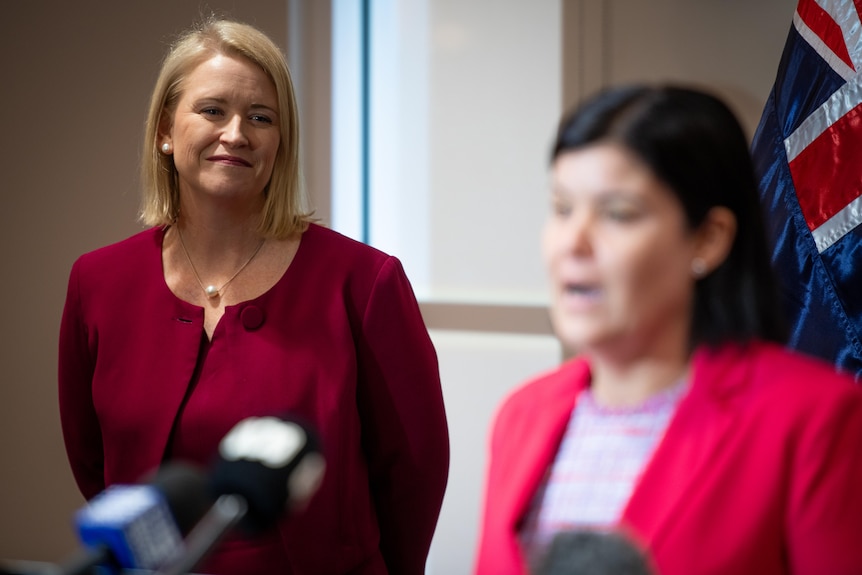 Nicole Manison and Natasha Fyles at a press conference.