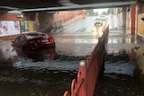Car drowning in water under bridge.