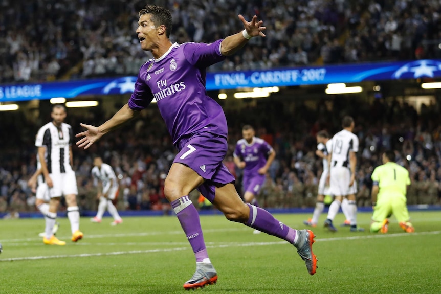 Real Madrid's Cristiano Ronaldo celebrates scoring his second goal against Juventus.