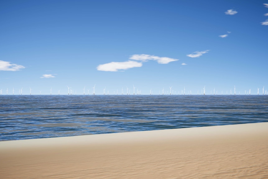 An artists' impression of wind turbines in the ocean from a distance.