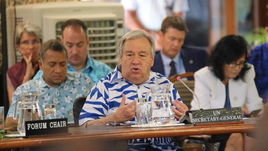 A photo of Antonio Guterres at the Pacific Island Forum with other delegates.