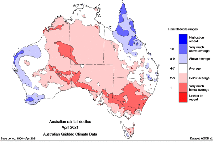 map showing widespread rainfall deficits in New South Wales and South Australia