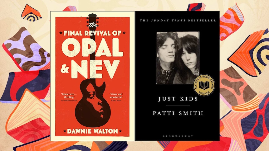 Two bookcovers side by side on top of stylised illustrations of books floating in the air. Books by Dawnie Walton & Patti Smith