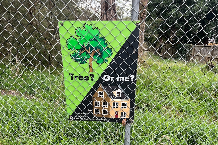 A sign that reads 'Tree? Or me?'