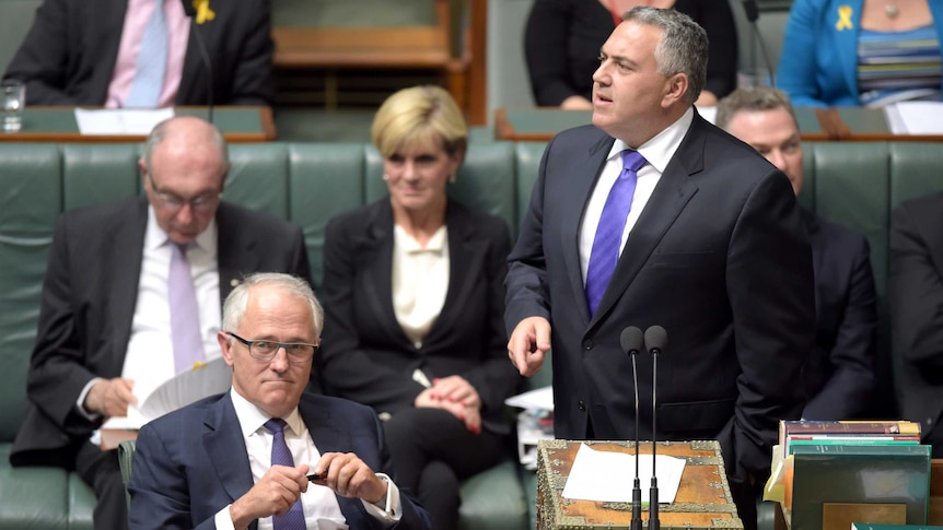 Malcolm Turnbull listens to Joe Hockey in Question Time