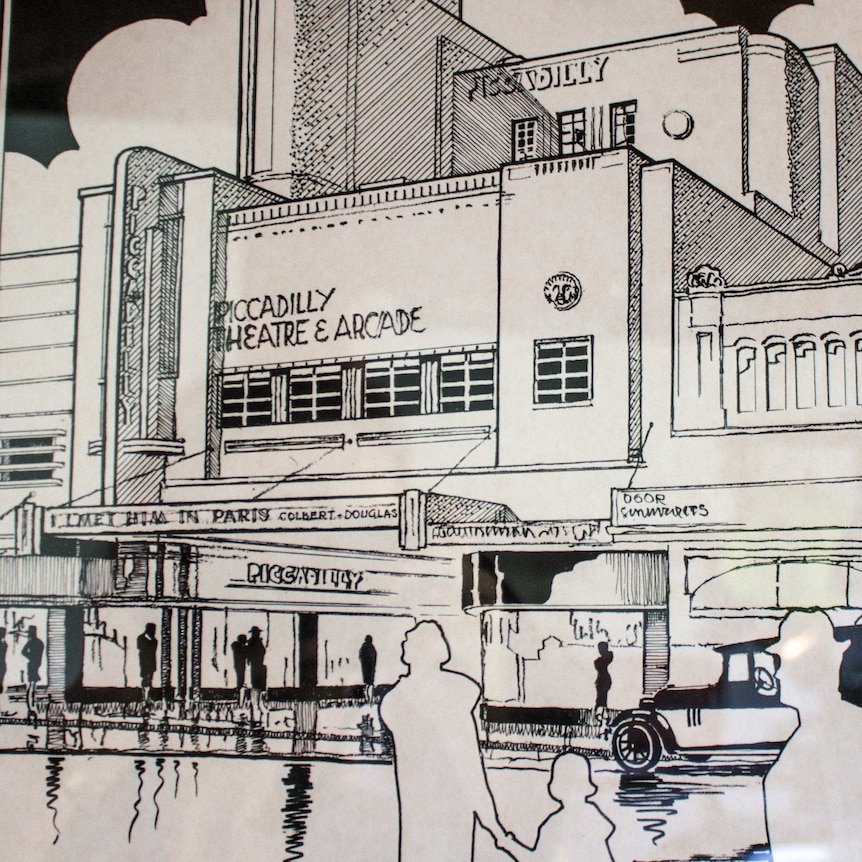 The Piccadilly cinema and arcade as Ms Geneve remembers it, drawn by Ron Facius.