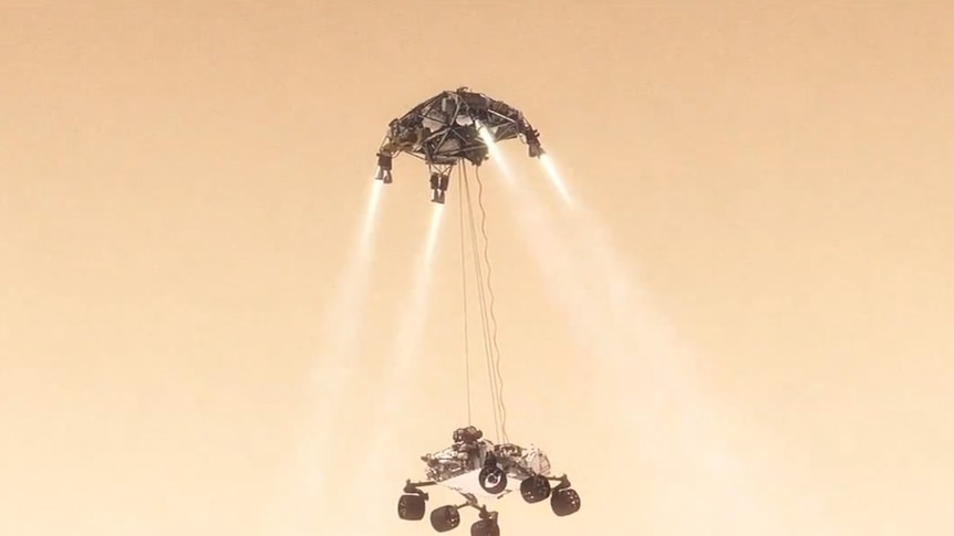 The sky crane landing system will lower Curiosity onto the Martian surface.