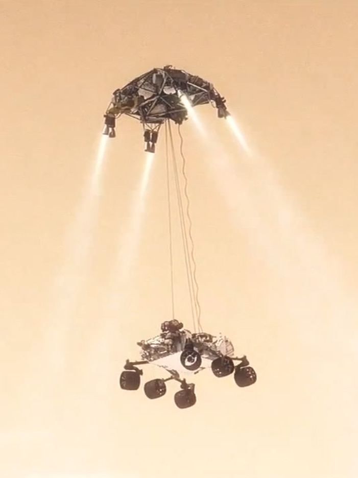The sky crane landing system will lower Curiosity onto the Martian surface.