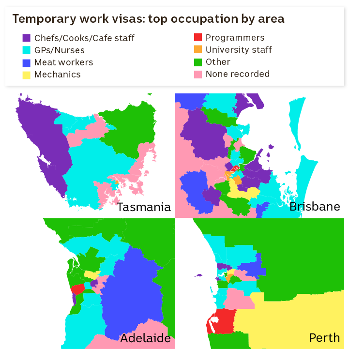 Map showing the top occupations by area for temporary work visas