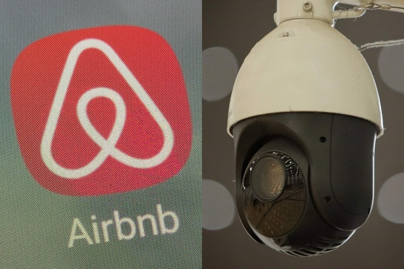 A composite of the Airbnb logo and a security camera.