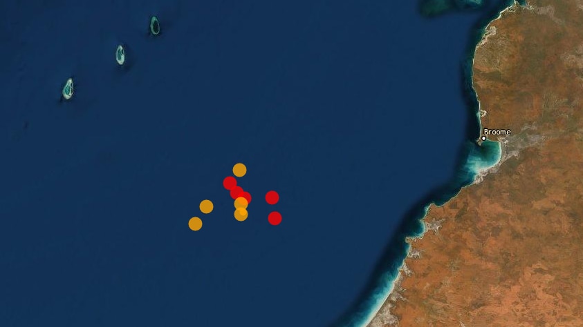 A map of the coast with red and yellow dots showing quake locations