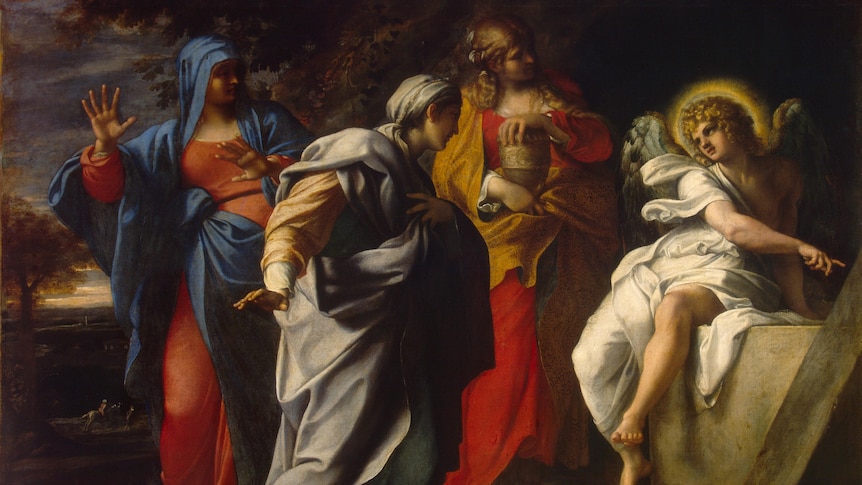 Mary Magdalene and "the other Mary" encounter an angel at the tomb, who tells them that Christ has risen