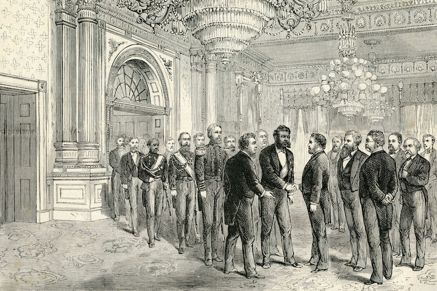 An illustration shows a grand ballroom with many men standing around shaking hands