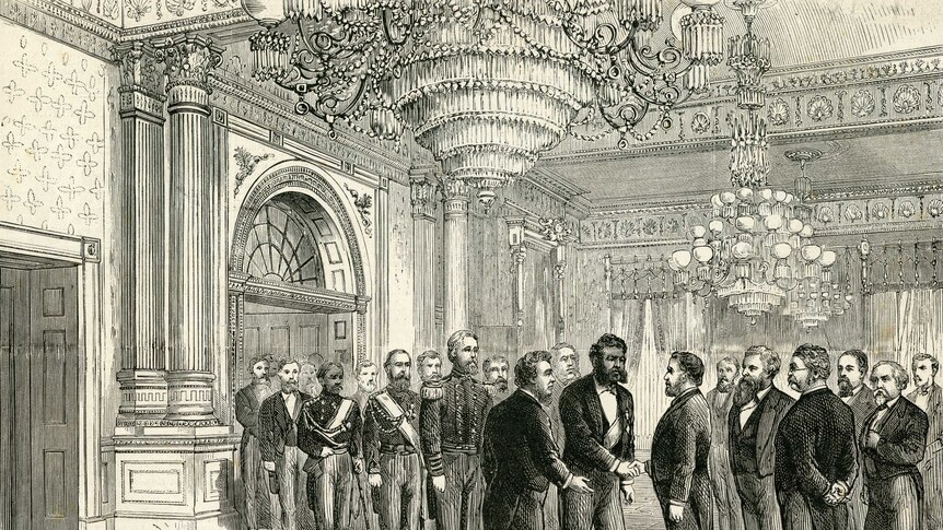 An illustration shows a grand ballroom with many men standing around shaking hands