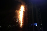 Exterior of burning apartment building in Docklands, Melbourne on November 24, 2014.