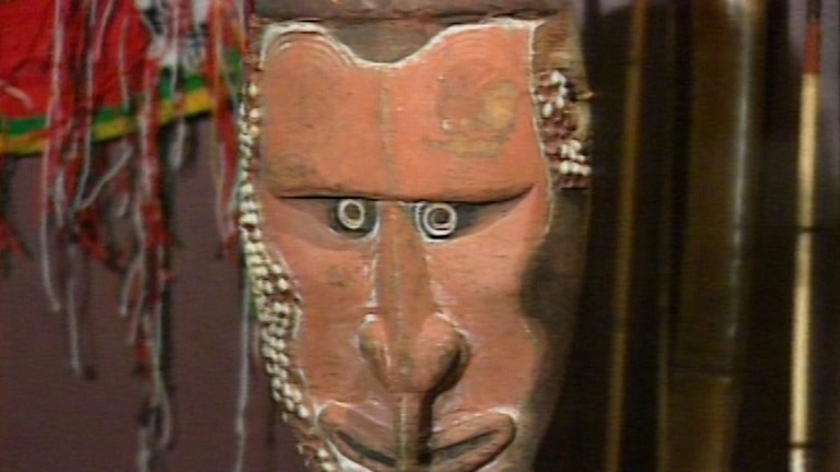 A tribal mask from PNG which appears to be on display alongside other artefacts.