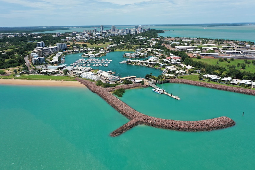 An aerial view of Darwin Habour and the Cullen Bay Marina. 