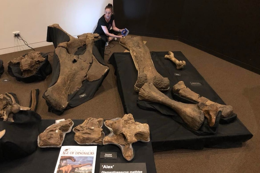 Samantha Beeston sits on the floor sorrounded by large dinosaur bones holding a scanning device. 