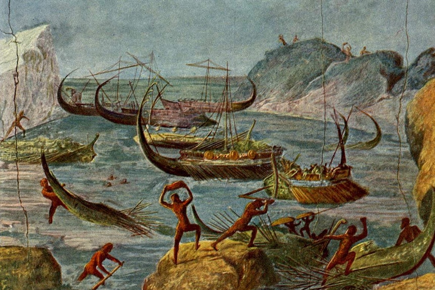 A Roman fresco depicts Odysseus' ships destroyed by giant cannibals.
