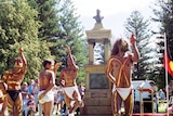 Aboriginal dancers from Pinjarra perform at the unveiling of the counter-memorial in Esplanade Park.