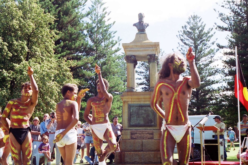 Aboriginal dancers from Pinjarra perform at the unveiling of the counter-memorial in Esplanade Park.