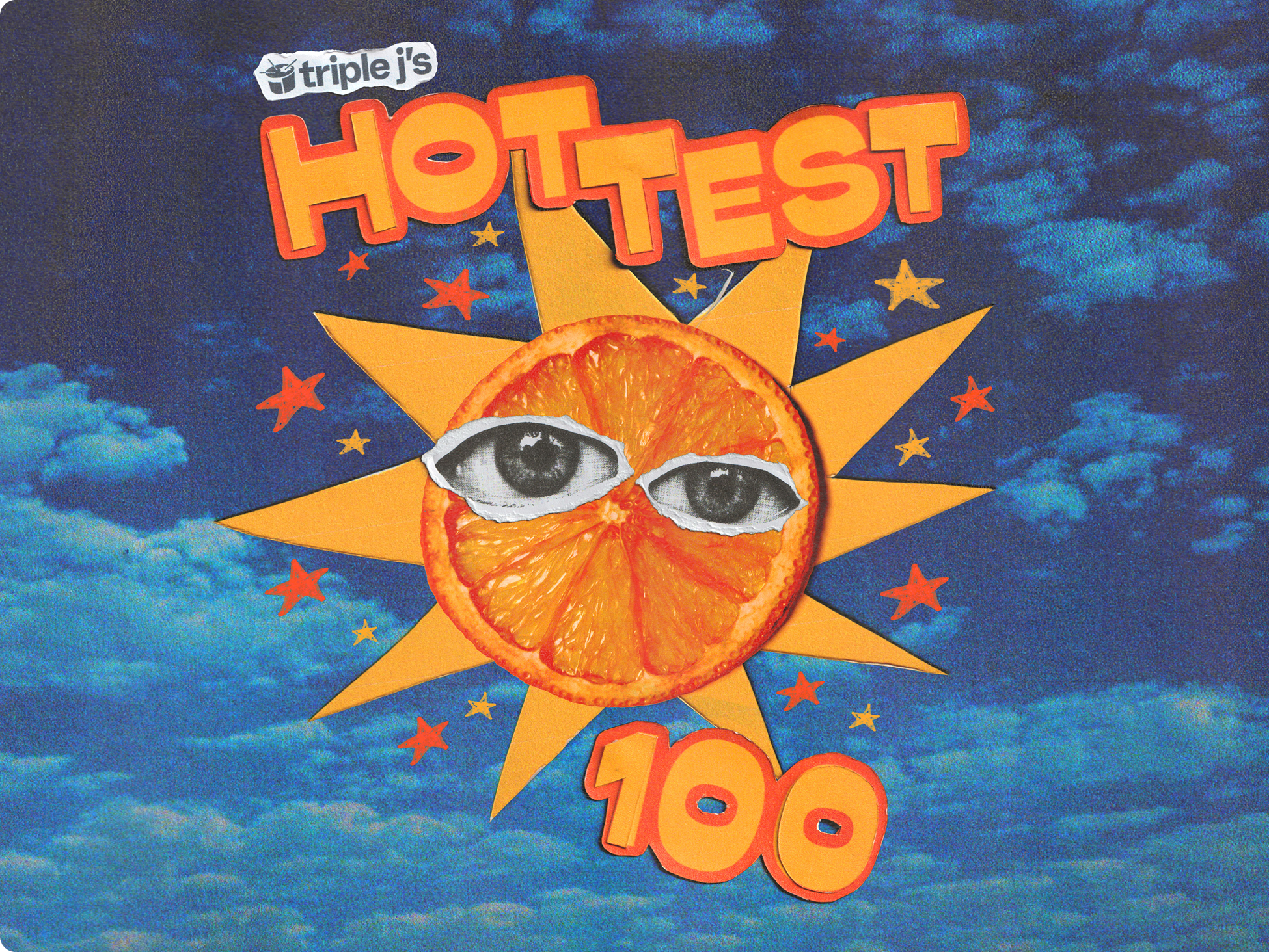 2025 triple J Hottest 100 artwork with bold orange text, paper cutout sun with orange slice face, stars, and blue cloudy sky.