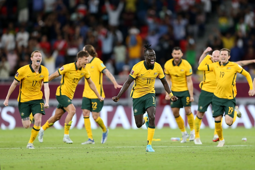Awer Mabil and his Australian teammates invade the pitch in celebration