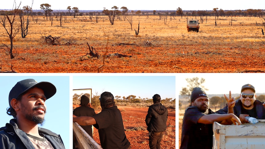 Four photos, including a ute travelling through the bush, and rangers in the desert