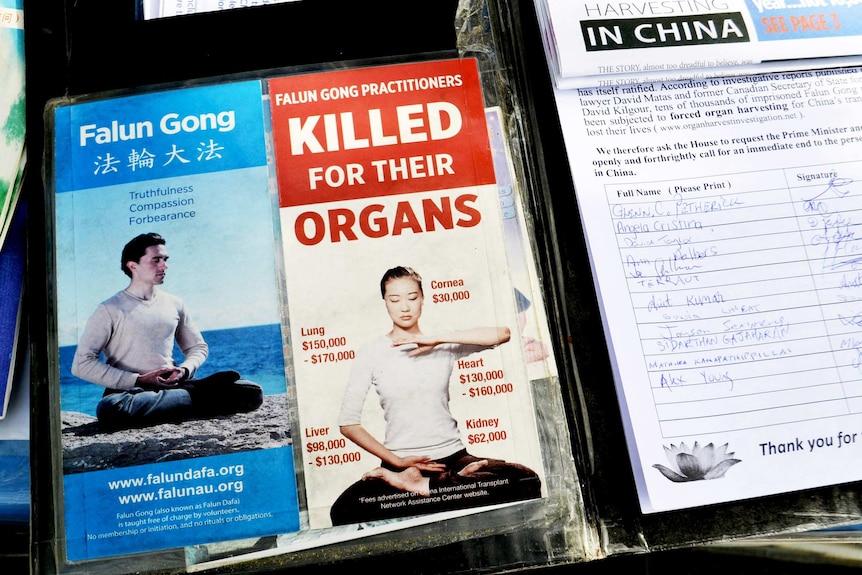 Falun Gong Pamphlets were placed on the left side of the table with a signature collection form placed next to them.