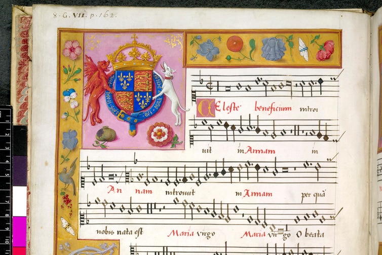 A scan of a medieval songbook with the Tudor Royal Standard in the top-left: a red dragon and a white greyhound.