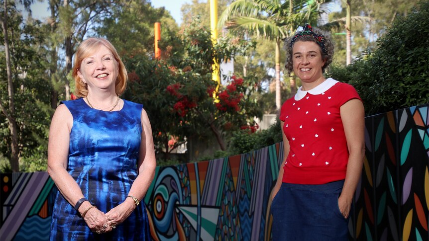 Noelene Weatherby-Fell and Dr Kimberley O'Brien stand outside the Early Start building at University of Wollongong.