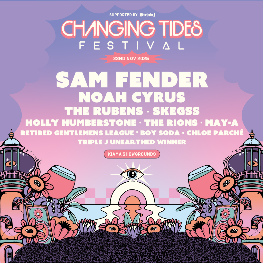 A poster for Changing Tides festval featuring purple and pink illustrations. 