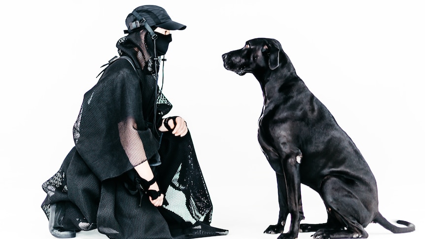 Dance wearing all black, including black baseball cap, black face mask, crouched with one knee on ground facing black dog.