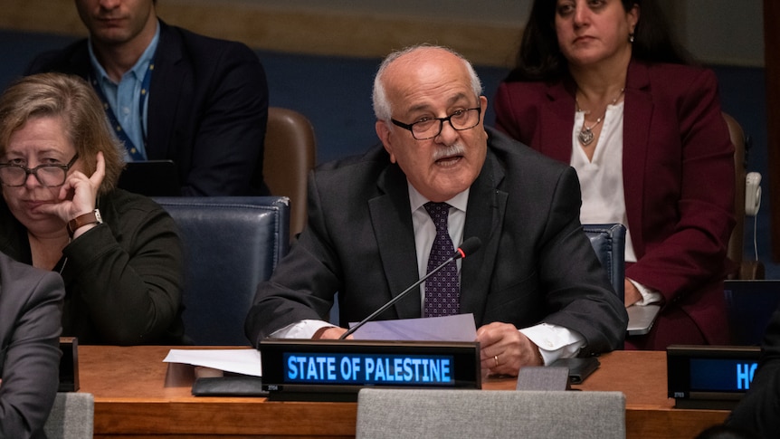 Riyad Mansour speaks during the meeting at the UN headquaters.