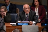 Riyad Mansour speaks during the meeting at the UN headquaters.