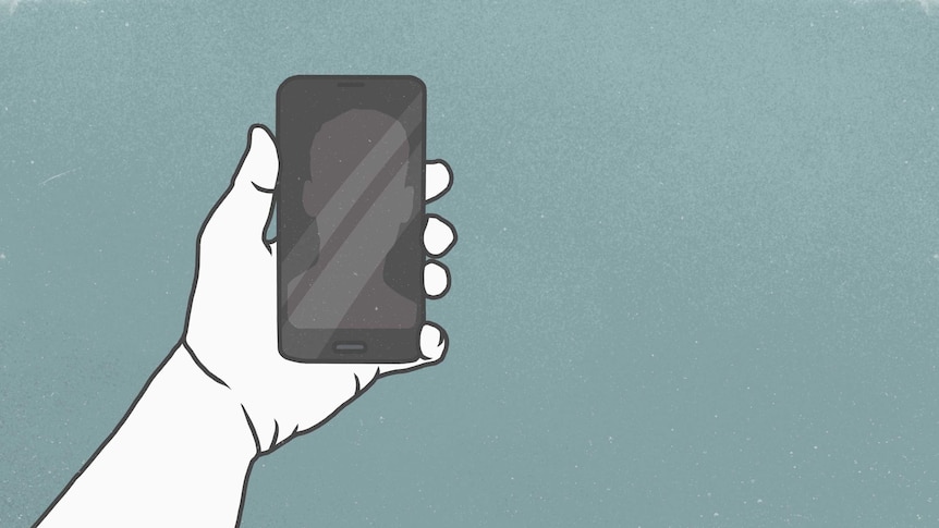 An illustration of a smartphone held in a hand against a teal background.