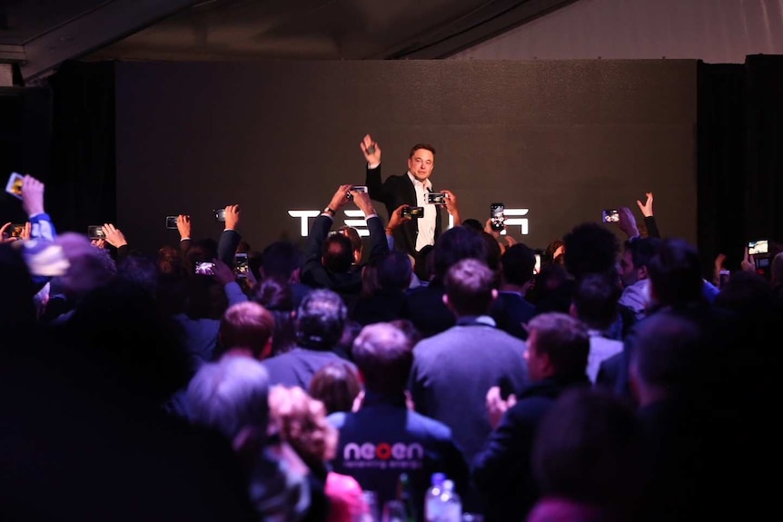 Elon Musk stands in front of a giant screen, talking to the audience