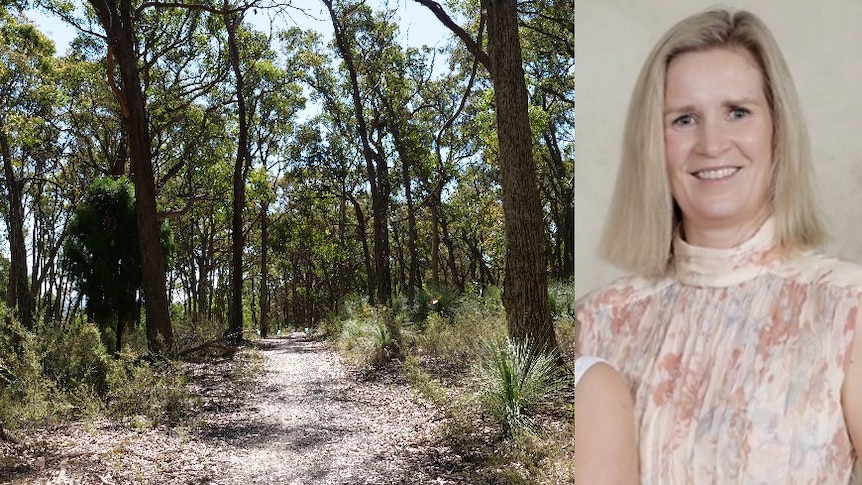 A composite of a tree-lined dirt track extending away into the bush, and a thin smiling woman with blonde hair.